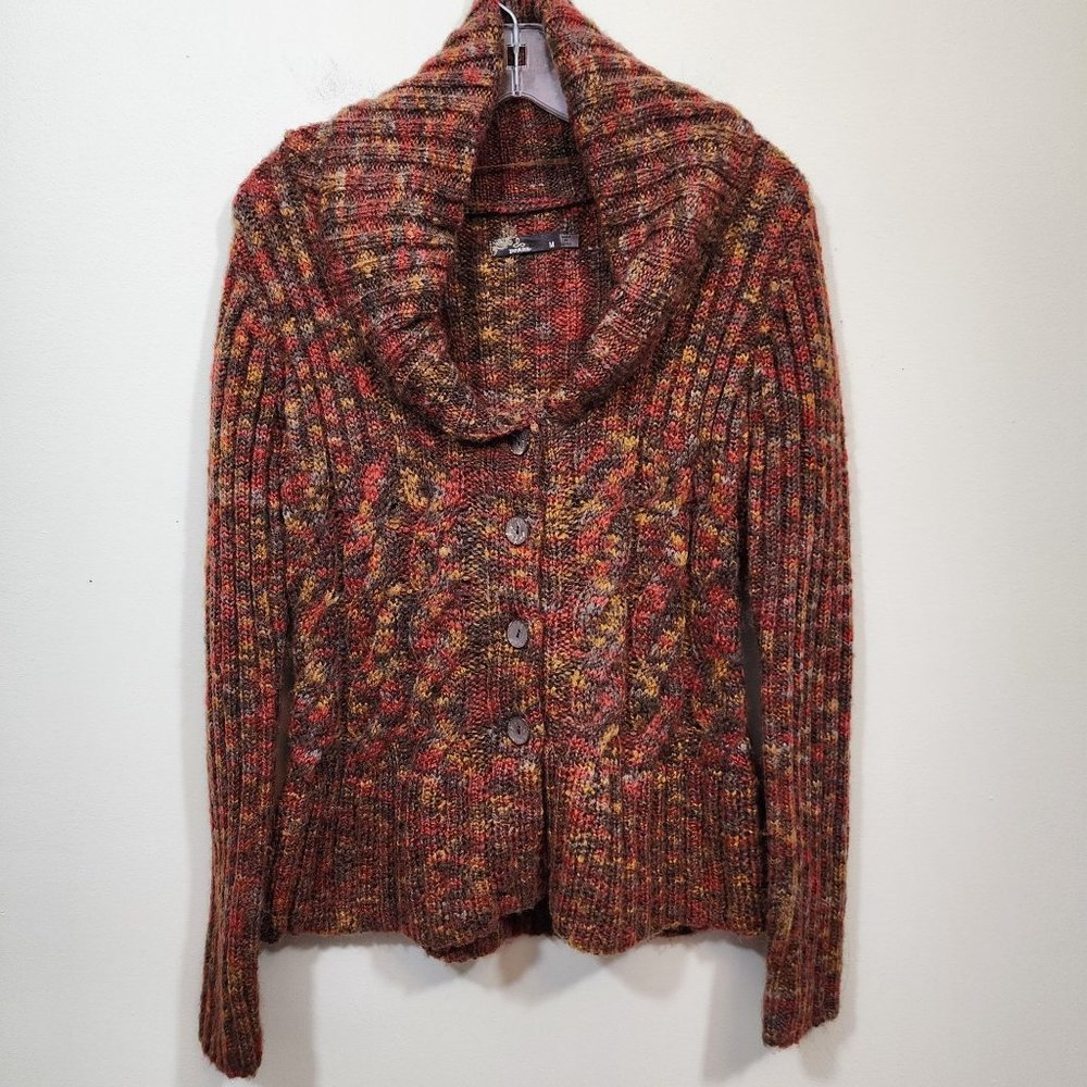 Prana open‎ cable knit button front cowl collar neckline woman's size medium